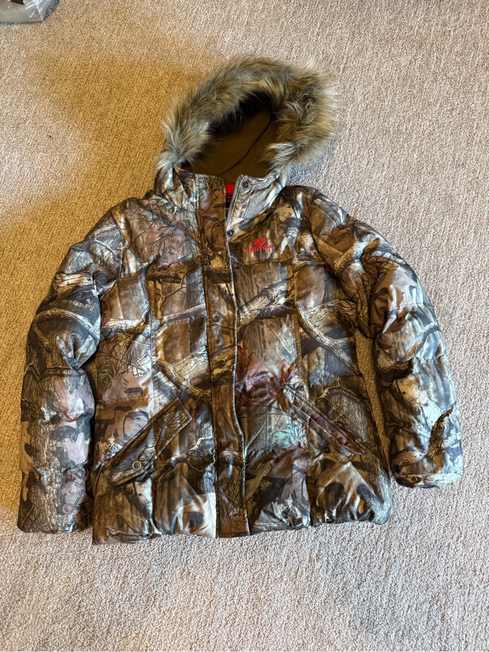 Mossy Oak Camo Women's Puffer Jacket with Faux Fur Trimmed Hood